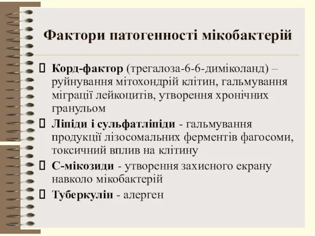 Фактори патогенності мікобактерій Корд-фактор (трегалоза-6-6-диміколанд) – руйнування мітохондрій клітин, гальмування