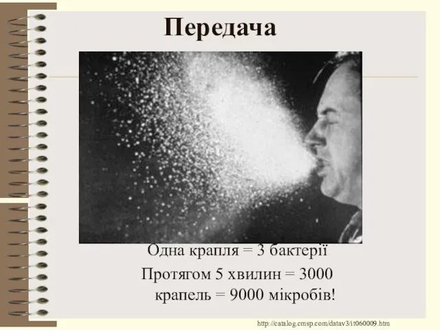 Передача Одна крапля = 3 бактерії Протягом 5 хвилин = 3000 крапель = 9000 мікробів! http://catalog.cmsp.com/datav3/it060009.htm