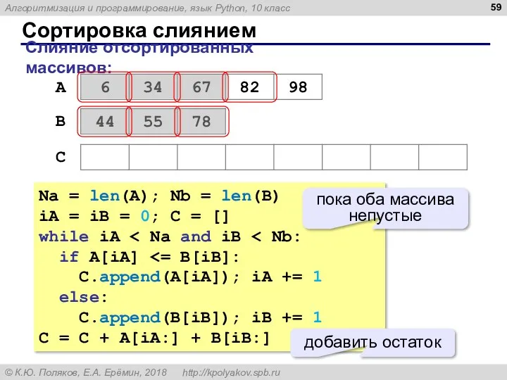 Сортировка слиянием Слияние отсортированных массивов: A B С Na =