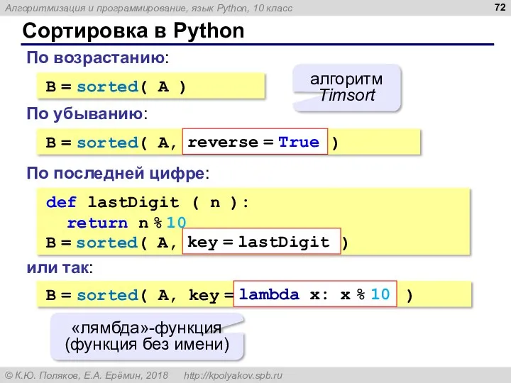 Сортировка в Python B = sorted( A ) алгоритм Timsort