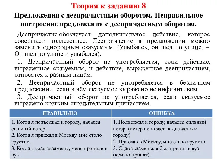 Деепричастие обозначает дополнительное действие, которое совершает подлежащее. Деепричастие в предложении