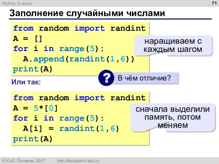 Заполнение случайными числами from random import randint A = [] for i in