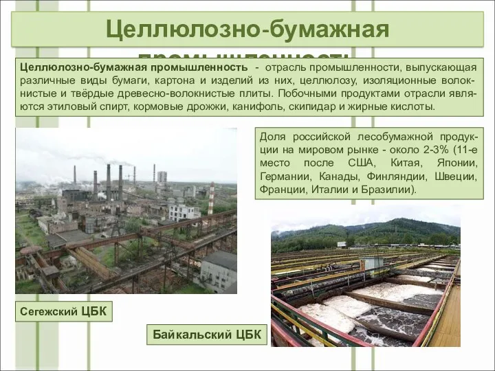 Целлюлозно-бумажная промышленность Доля российской лесобумажной продук-ции на мировом рынке - около 2-3% (11-е