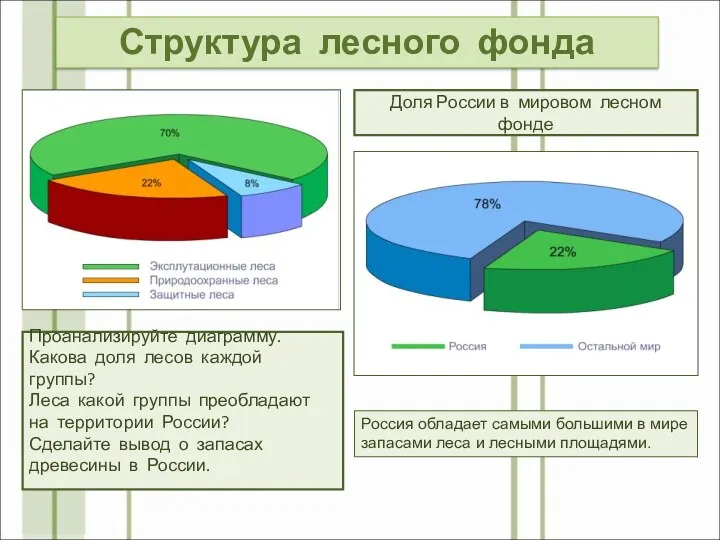 Структура лесного фонда Проанализируйте диаграмму. Какова доля лесов каждой группы? Леса какой группы