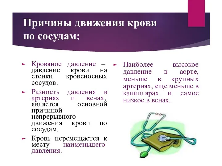 Причины движения крови по сосудам: Кровяное давление – давление крови на стенки кровеносных