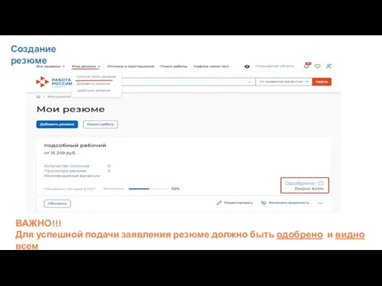 ВАЖНО!!! Для успешной подачи заявления резюме должно быть одобрено и видно всем Создание резюме
