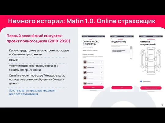 Немного истории: Mafin 1.0. Online страховщик Первый российский иншуртех-проект полного цикла (2019-2020) Каско
