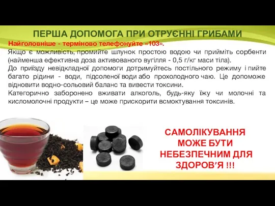 ПЕРША ДОПОМОГА ПРИ ОТРУЄННІ ГРИБАМИ Найголовніше - терміново телефонуйте «103».