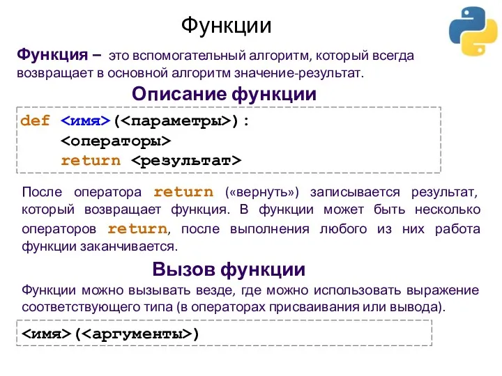 Функции Функция – это вспомогательный алгоритм, который всегда возвращает в