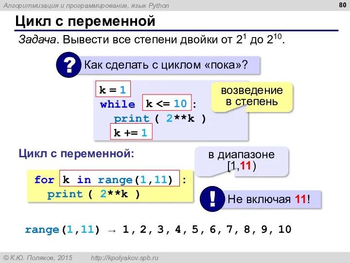 Цикл с переменной Задача. Вывести все степени двойки от 21