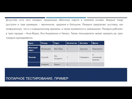 ПОПАРНОЕ ТЕСТИРОВАНИЕ. ПРИМЕР Допустим, есть сеть пекарен, продающих яблочные пироги