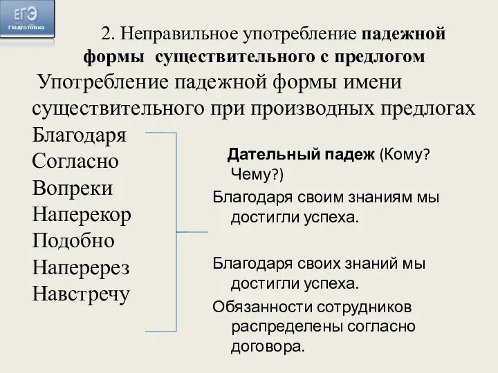 2. Неправильное употребление падежной формы существительного с предлогом Употребление падежной