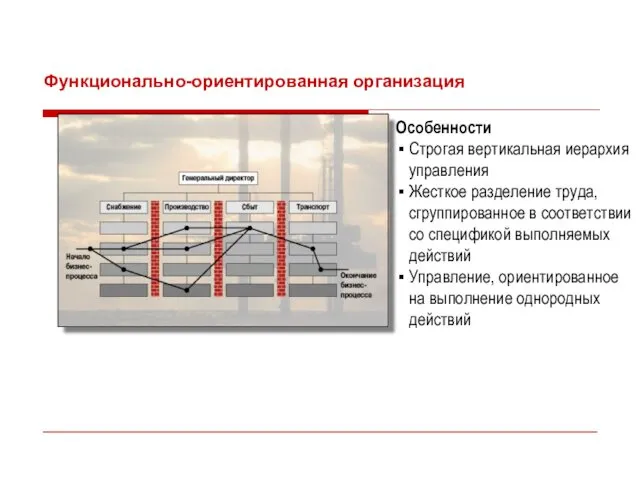 Функционально-ориентированная организация Особенности Строгая вертикальная иерархия управления Жесткое разделение труда,