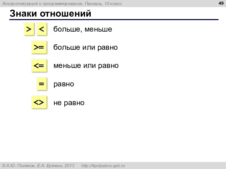 Знаки отношений > >= = больше, меньше больше или равно меньше или равно равно не равно