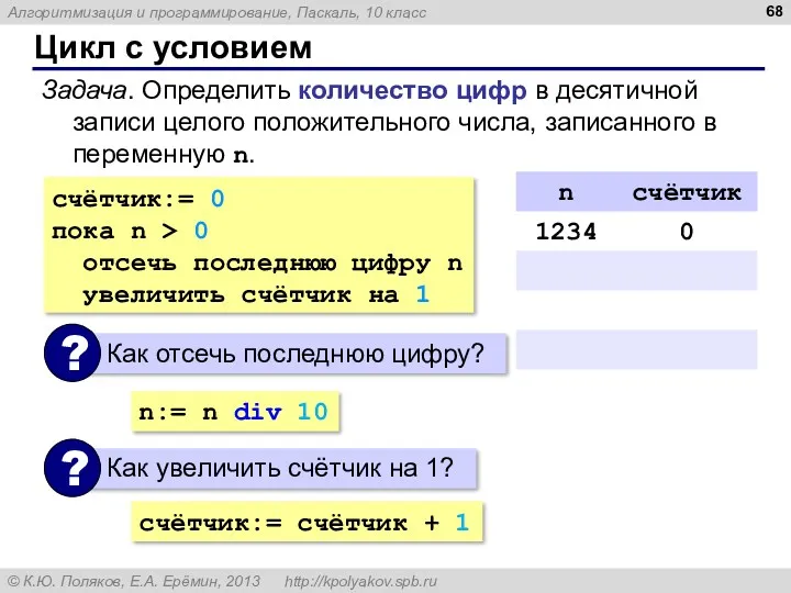 Цикл с условием Задача. Определить количество цифр в десятичной записи