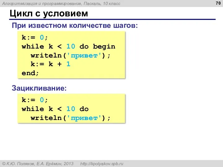 Цикл с условием k:= 0; while k writeln('привет'); k:= k