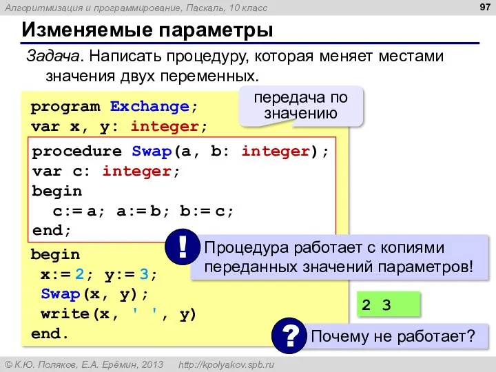 Изменяемые параметры Задача. Написать процедуру, которая меняет местами значения двух