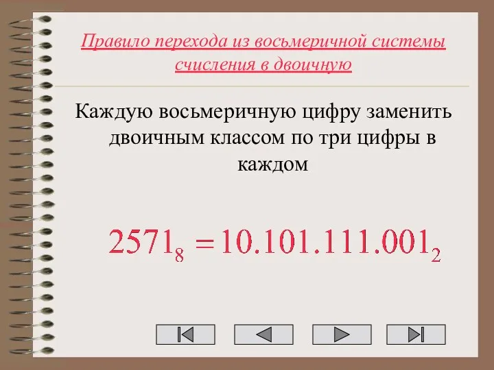 Правило перехода из восьмеричной системы счисления в двоичную Каждую восьмеричную