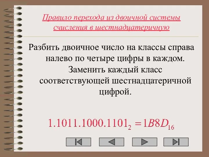 Правило перехода из двоичной системы счисления в шестнадцатеричную Разбить двоичное