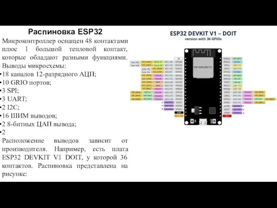 Распиновка ESP32 Микроконтроллер оснащен 48 контактами плюс 1 большой тепловой