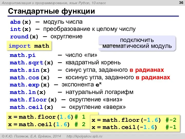 Стандартные функции abs(x) — модуль числа int(x) — преобразование к