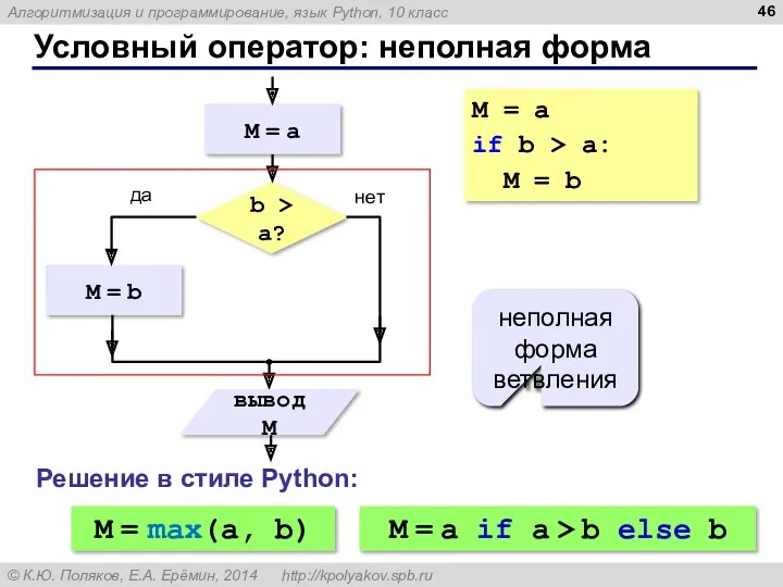 Условный оператор: неполная форма неполная форма ветвления M = a