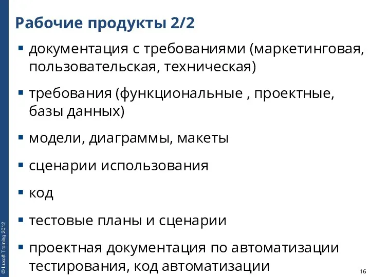 Рабочие продукты 2/2 документация с требованиями (маркетинговая, пользовательская, техническая) требования