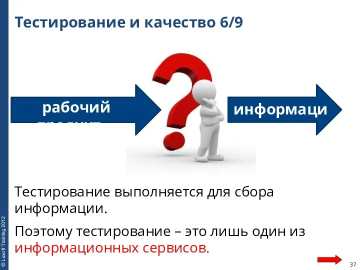 Тестирование и качество 6/9 Тестирование выполняется для сбора информации. Поэтому