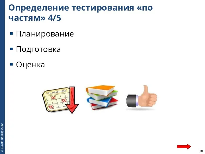 Определение тестирования «по частям» 4/5 Планирование Подготовка Оценка