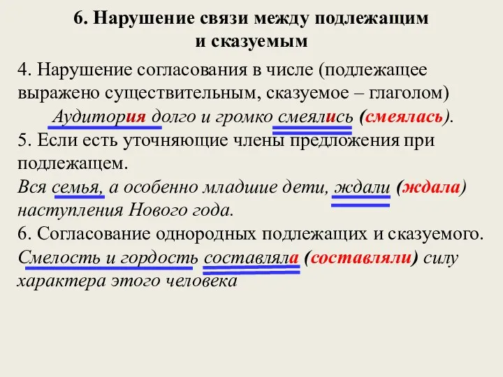 6. Нарушение связи между подлежащим и сказуемым 4. Нарушение согласования