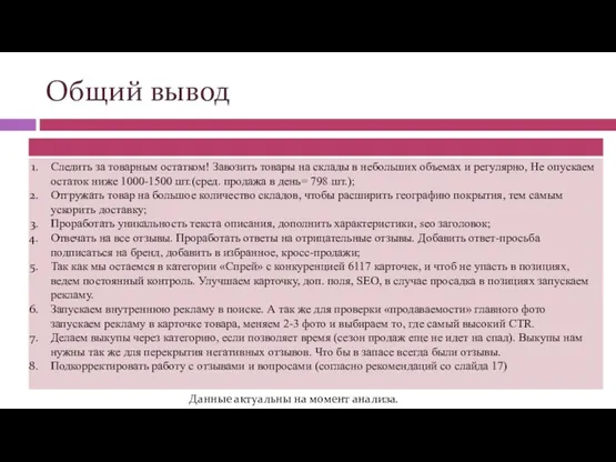 Общий вывод Данные актуальны на момент анализа.