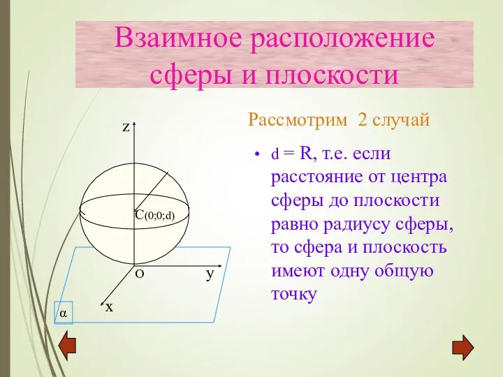 d = R, т.е. если расстояние от центра сферы до