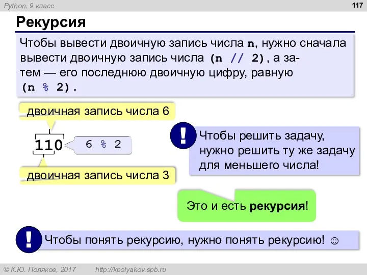 Рекурсия Чтобы вывести двоичную запись числа n, нужно сначала вывести двоичную запись числа