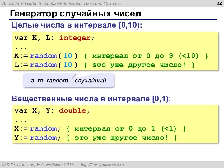 Генератор случайных чисел Вещественные числа в интервале [0,1): var X,