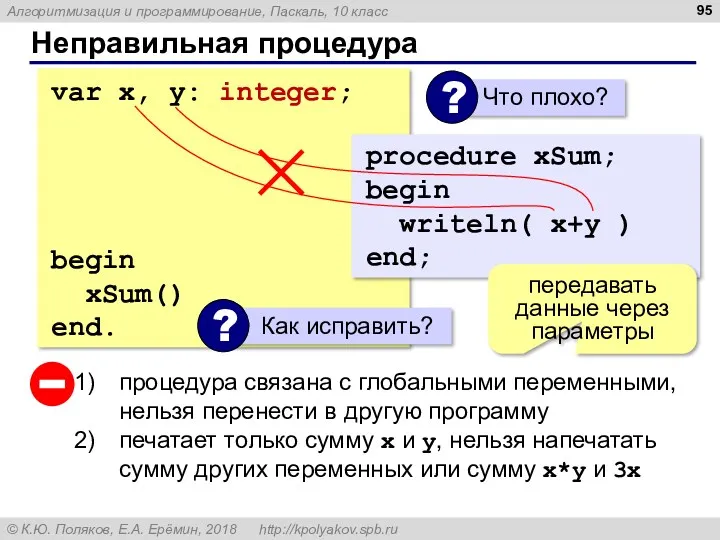 Неправильная процедура var x, y: integer; procedure xSum; begin writeln(