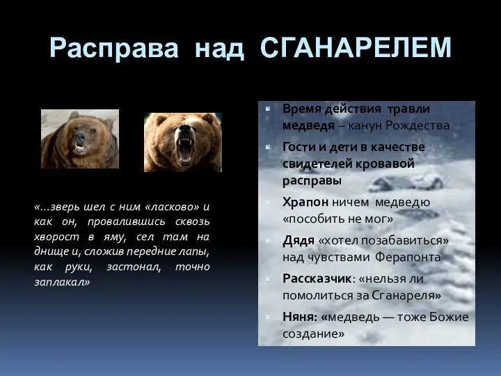 Расправа над СГАНАРЕЛЕМ Время действия травли медведя – канун Рождества Гости и дети