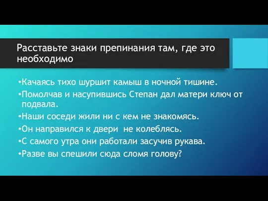 Расставьте знаки препинания там, где это необходимо Качаясь тихо шуршит