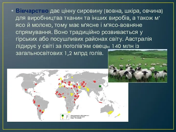 Вівчарство дає цінну сировину (вовна, шкіра, овчина) для виробництва тканин