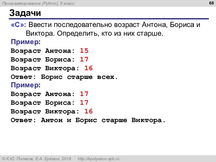 Задачи «C»: Ввести последовательно возраст Антона, Бориса и Виктора. Определить,