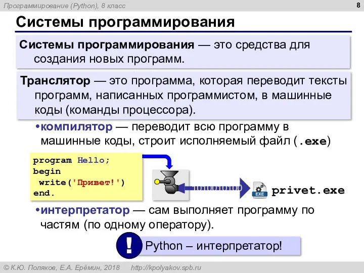 Системы программирования Системы программирования — это средства для создания новых программ. Транслятор —