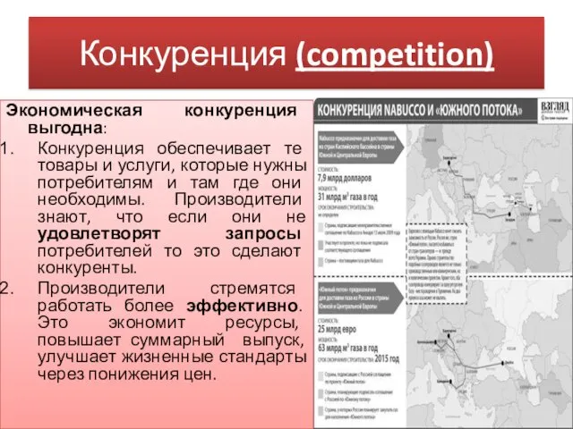 Конкуренция (competition) Экономическая конкуренция выгодна: Конкуренция обеспечивает те товары и услуги, которые нужны