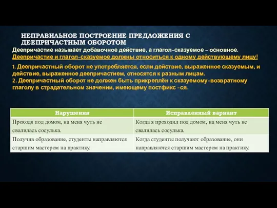 НЕПРАВИЛЬНОЕ ПОСТРОЕНИЕ ПРЕДЛОЖЕНИЯ С ДЕЕПРИЧАСТНЫМ ОБОРОТОМ Деепричастие называет добавочное действие,