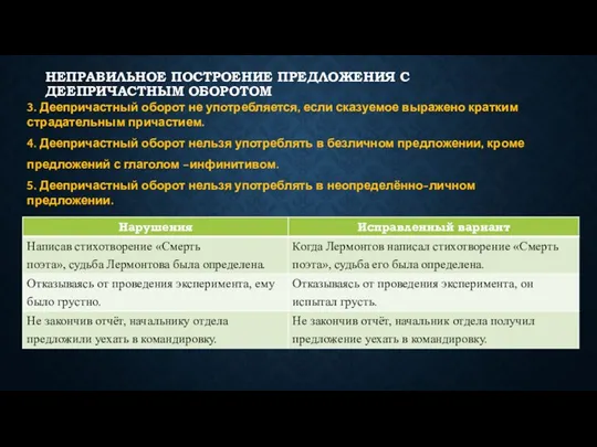 НЕПРАВИЛЬНОЕ ПОСТРОЕНИЕ ПРЕДЛОЖЕНИЯ С ДЕЕПРИЧАСТНЫМ ОБОРОТОМ 3. Деепричастный оборот не