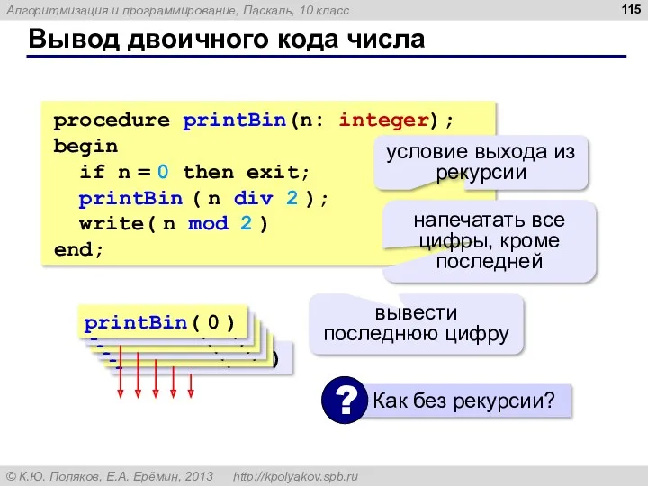 Вывод двоичного кода числа procedure printBin(n: integer); begin if n