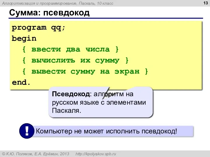 Сумма: псевдокод program qq; begin { ввести два числа }