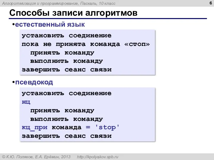 Способы записи алгоритмов естественный язык псевдокод установить соединение пока не