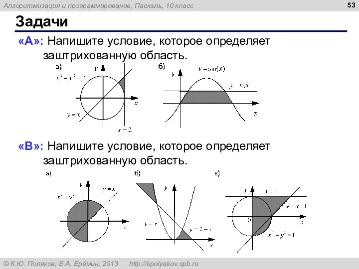 Задачи «A»: Напишите условие, которое определяет заштрихованную область. «B»: Напишите условие, которое определяет заштрихованную область.