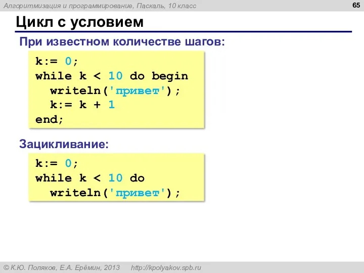 Цикл с условием k:= 0; while k writeln('привет'); k:= k