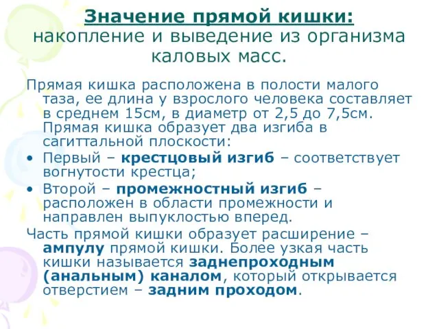 Значение прямой кишки: накопление и выведение из организма каловых масс.