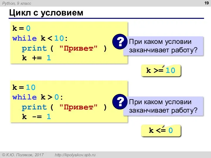 Цикл с условием k = 0 while k print ( "Привет" ) k